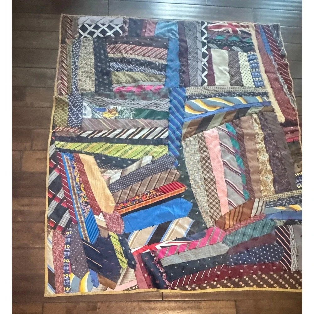 Vintage Handmade Silk Necktie Patchwork Quilt Gucci Designer Labels 63x54